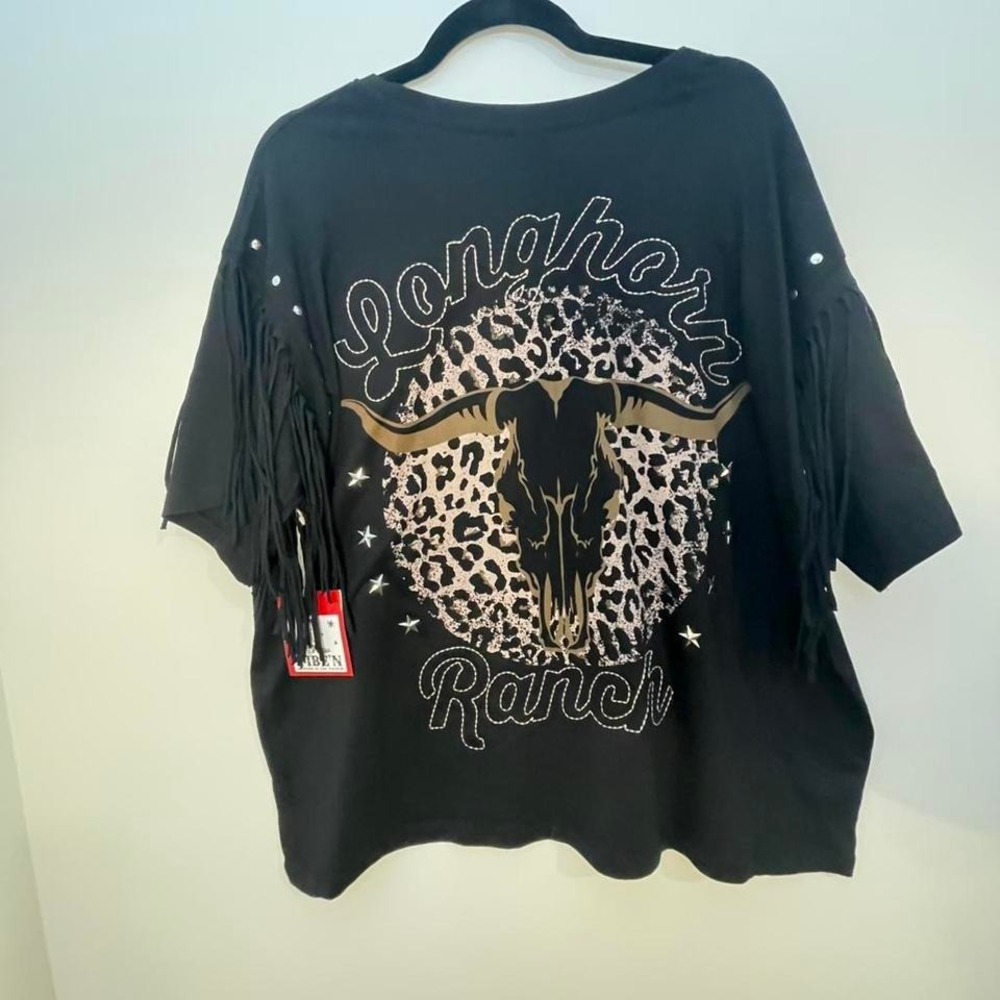 Black Vibe'N Country girl Longhorn Ranch tee with fringe 2X NWT